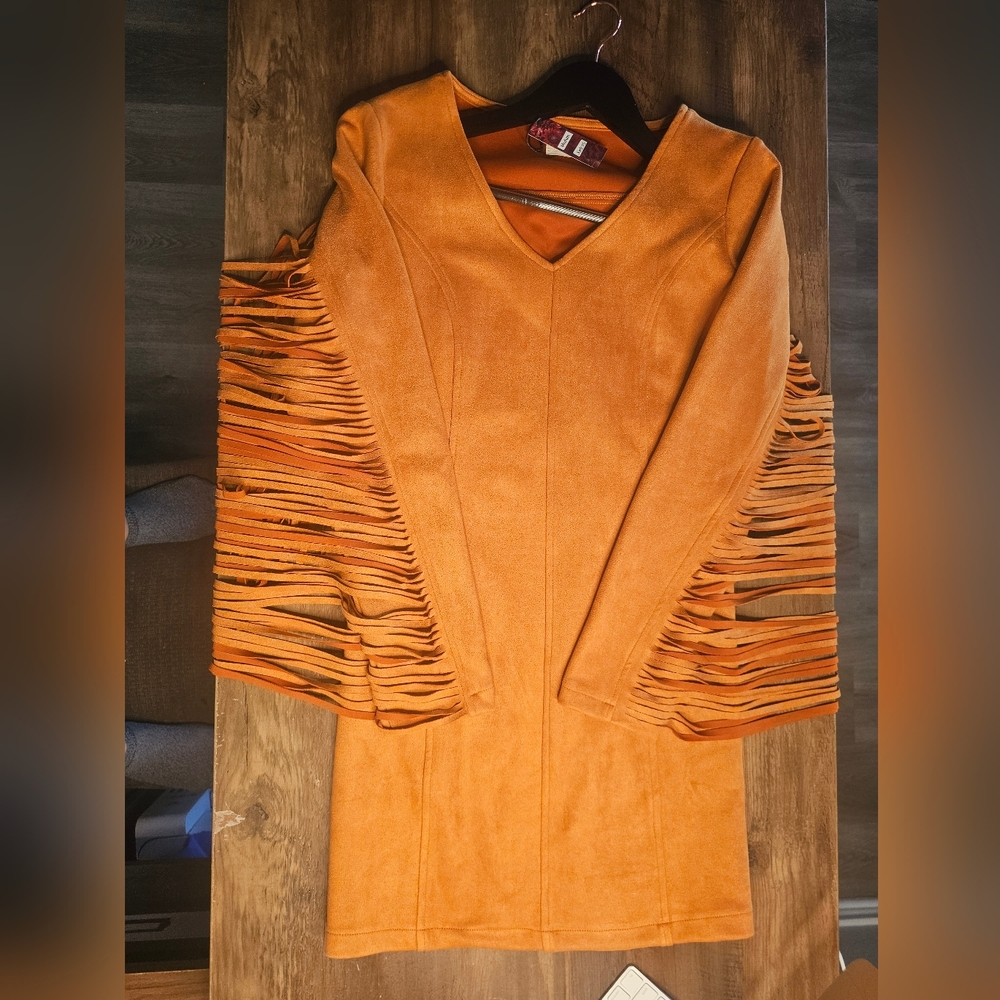 Chic Orange Long Sleeve Dress with Fringe